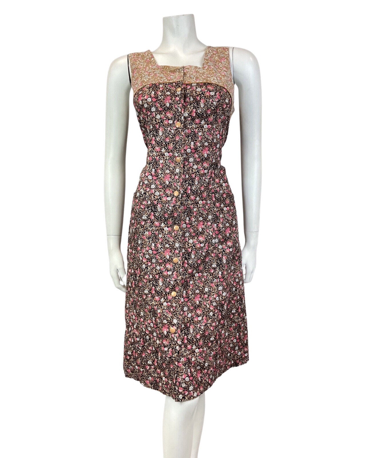 VINTAGE 60s 70s BLACK BROWN PINK DITSY FLOWER PINAFORE PINNY SUMMER DRESS 10 12