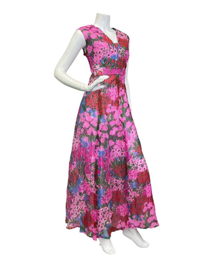 VINTAGE 70s PINK RED GREEN PSYCHEDELIC FLORAL SLEEVELESS SUMMER MAXI DRESS 12 14