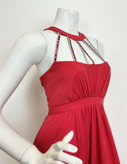 VTG 60s 70s CHERRY RED SILVER SEQUIN STUDIO 54 DISCO PARTY MAXI HALTER DRESS 8