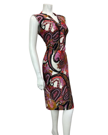 VINTAGE 60s 70s WHITE PINK BLACK PSYCHEDELIC PAISLEY PRINT MIDI DRESS 14