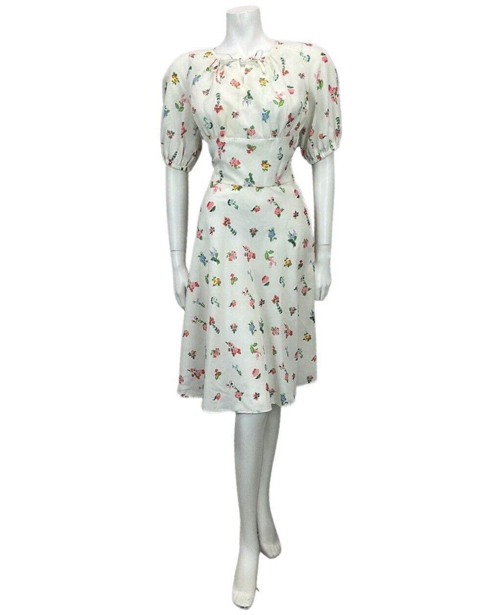 VINTAGE WHITE PINK GREEN YELLOW BLUE FLORAL PRINT MIDI DRESS 8 10