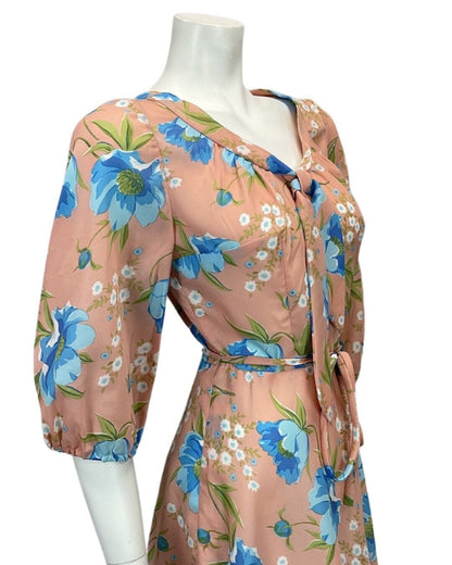 VINTAGE 60s 70s PASTEL PINK BLUE GREEN FLORAL PRINT MIDI TIE NECK DRESS 10 12