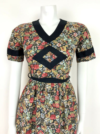 VTG 60s 70s FOLK BLACK RED BLUE YELLOW FLORAL LEAF DITSY DRESS 10 12