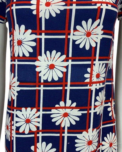 VINTAGE 60s 70s NAVY BLUE RED WHITE DAISY PRINT MINI MOD DRESS 6 8