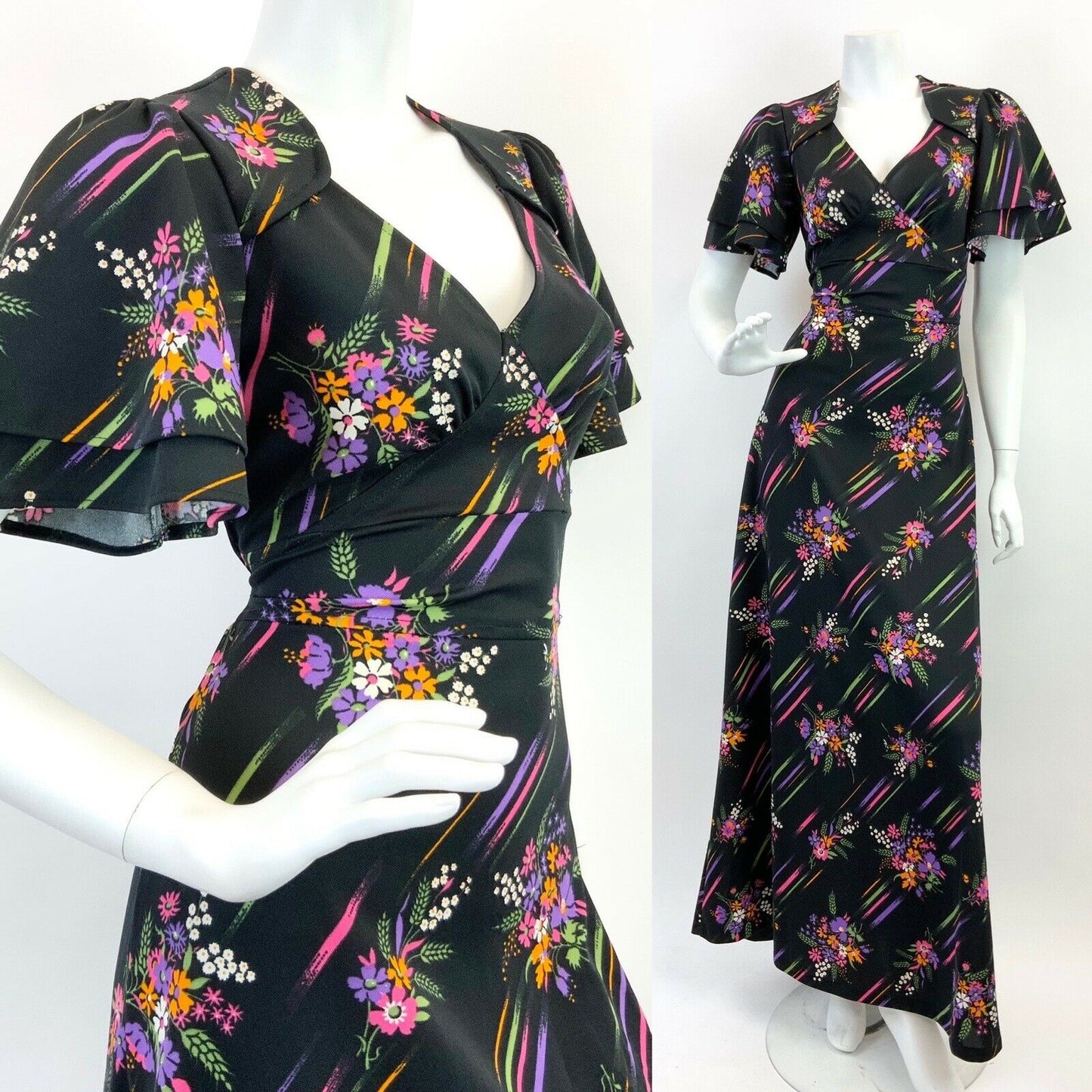 VINTAGE 60s 70s BLACK PURPLE GREEN ORANGE FLORAL STRIPED MOD MAXI DRESS 10