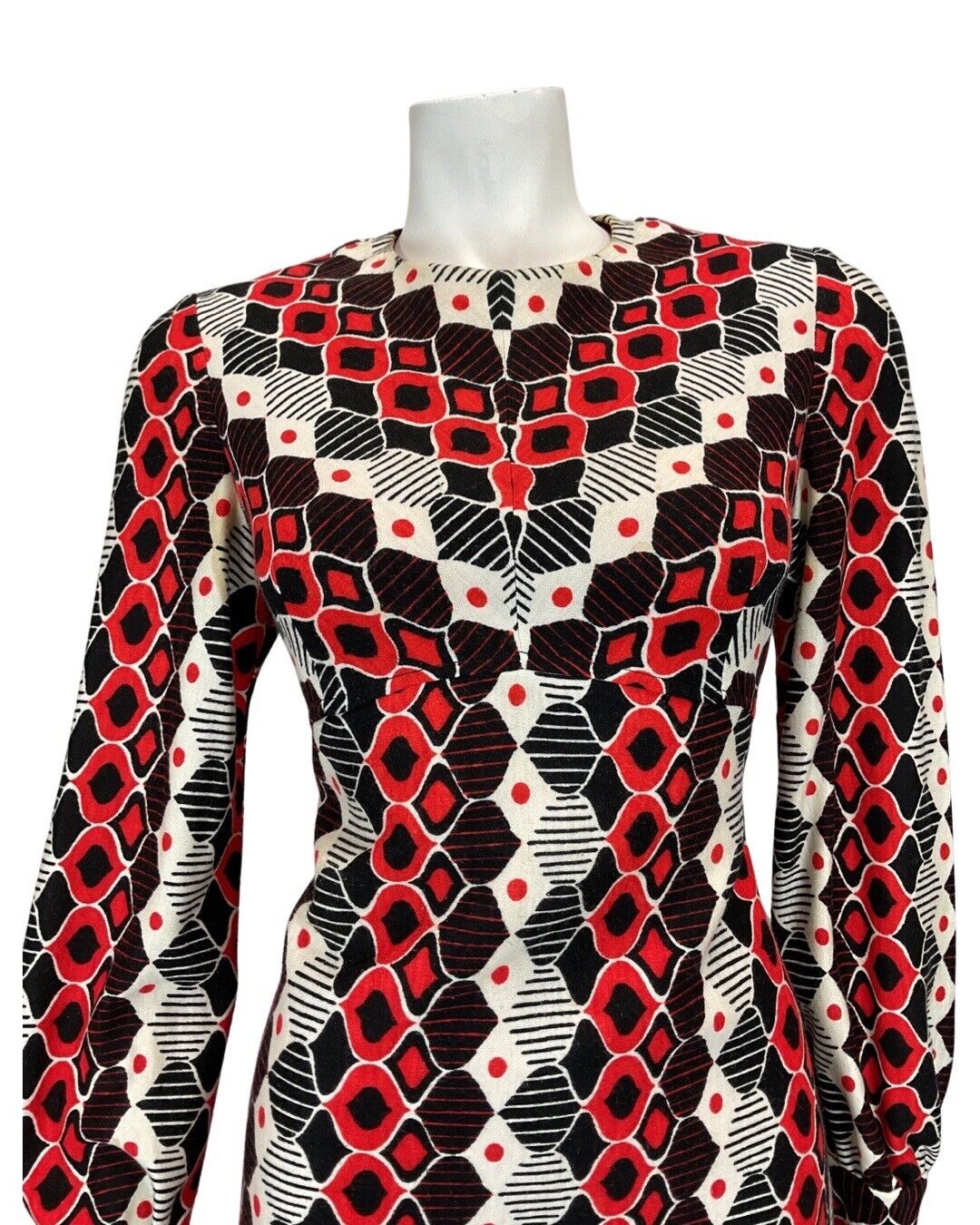 VINTAGE 60s 70s RED BLACK WHITE GEOMETRIC DIAMOND LONGSLEEVE DRESS 12