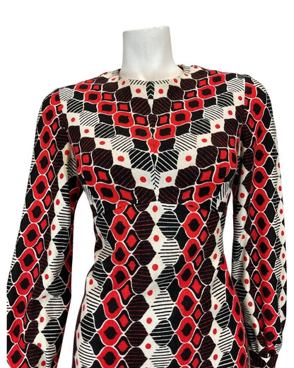 VINTAGE 60s 70s RED BLACK WHITE GEOMETRIC DIAMOND LONGSLEEVE DRESS 12