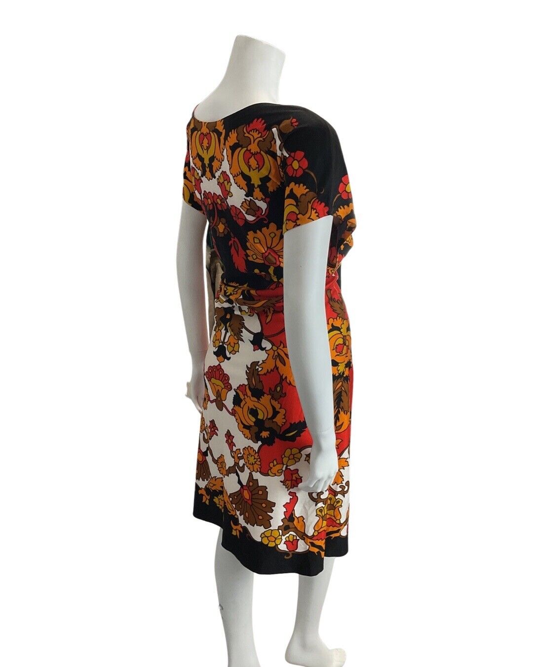 VINTAGE 60s 70s BLACK RED WHITE PSYCHEDELIC FLORAL MOD KNEE-LENGTH DRESS 14