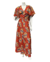 VINTAGE 60s 70s RED YELLOW BLUE FLORAL ROSE FLOWER CAPE SLEEVE BOHO MAXI DRESS 8