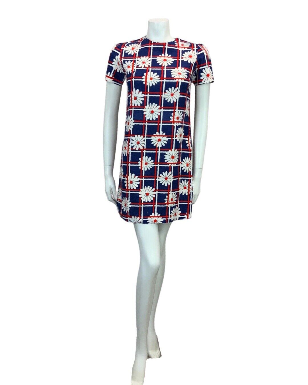 VINTAGE 60s 70s NAVY BLUE RED WHITE DAISY PRINT MINI MOD DRESS 6 8