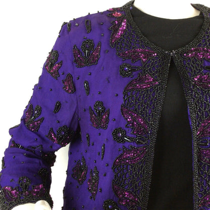 VINTAGE 70S 80S PURPLE EVENING PARTY BLACK PINK BEAD FLOWER TROPHY JACKET 10 12