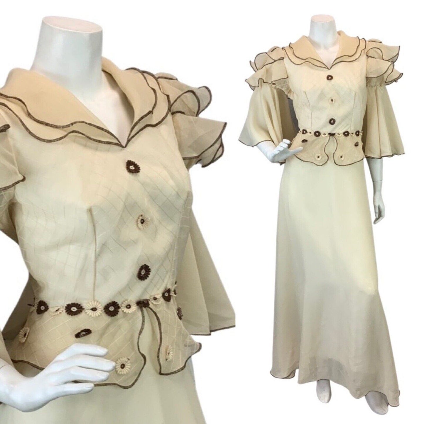 VINTAGE 60s 70s CREAM BROWN RUFFLED DAISY BOHO FOLK PRAIRIE WEDDING MAXI DRESS 8