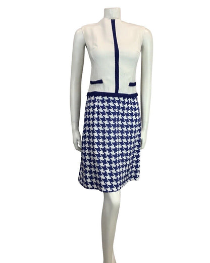 VINTAGE 60S BLUE WHITE MOD PATTERNED CHECKED HOUNDSTOOTH DRESS 8