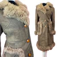 VTG 60s 70s LIGHT BROWN SUEDE LEATHER SHEARLING FUR COLLAR BOHO PENNY COAT 14 16