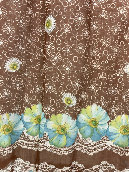 VTG 60s 70s BROWN WHITE BLUE FLORAL DOTTY LACE BOHO FOLK PRAIRIE MAXI DRESS 8