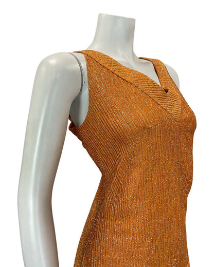 VINTAGE 60s 70s BURNT ORANGE SILVER LUREX V-NECK PARTY SLEEVELESS DRESS 12 14