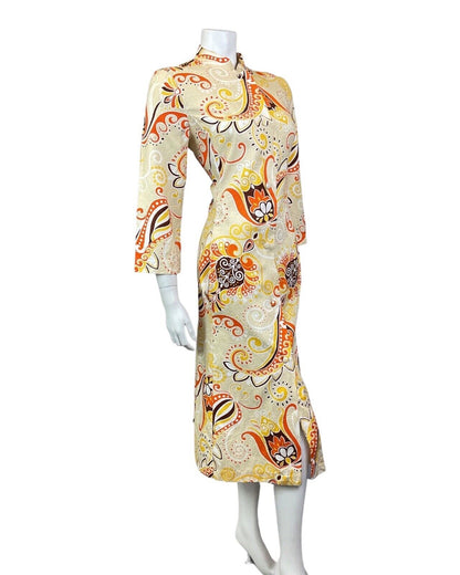 VTG 60s 70s CREAM ORANGE BROWN PSYCHEDELIC FLORAL BOHO MANDALA MIDI DRESS 12 14