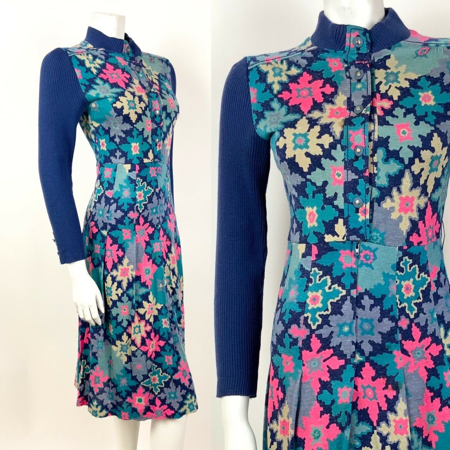 VINTAGE 60s 70s BLUE PINK CREAM FLORAL GEOMETRIC PSYCHEDELIC TILED DRESS 8 10