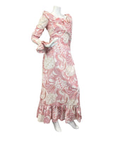 VINTAGE 60s 70s WHITE PINK RED PSYCHEDELIC PRAIRIE BOHO RUFFLED MAXI DRESS 8