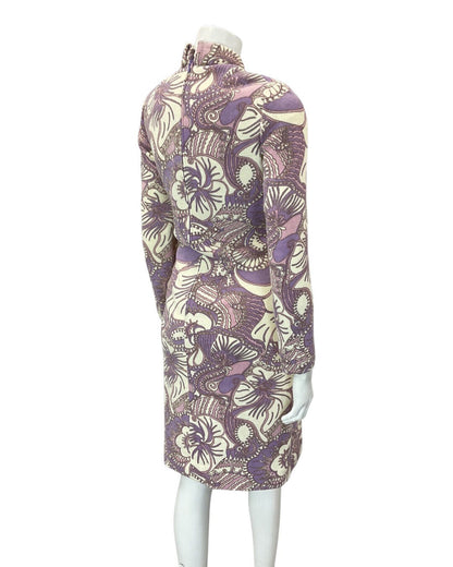 VINTAGE 60s 70s PURPLE CREAM PSYCHEDELIC FLORAL PUSSYBOW KNIT DRESS 10 12