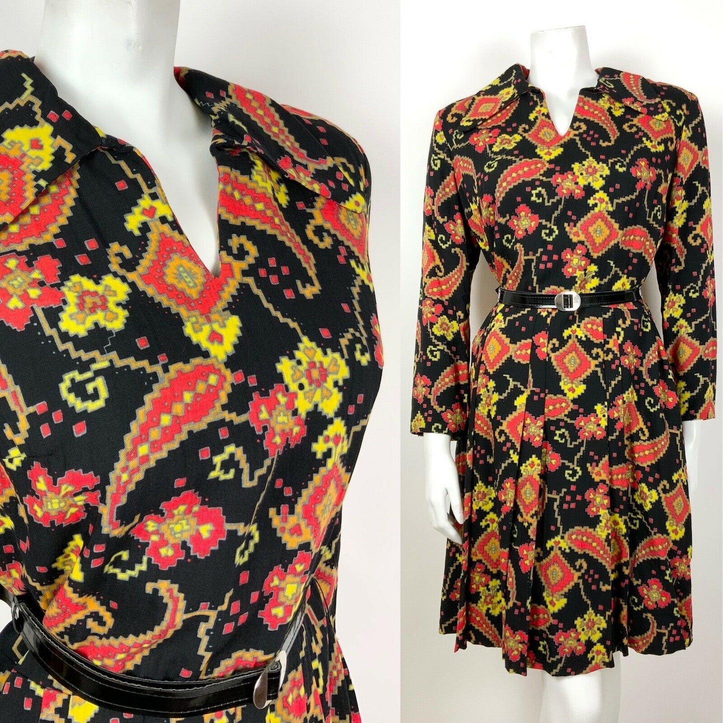 VTG 60s 70s BLACK RED YELLOW ORANGE AZTEC FLORAL BELTED WING COLLAR DRESS 12 14