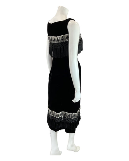 VINTAGE 60s 70s BLACK SILVER VELVET BEADED TASSELED FLAPPER PARTY MIDI DRESS 10