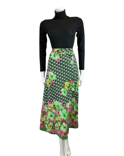 VINTAGE 60s 70s GREEN PINK GEOMETRIC FLORAL MOD PSYCHEDELIC MIDI SKIRT 8