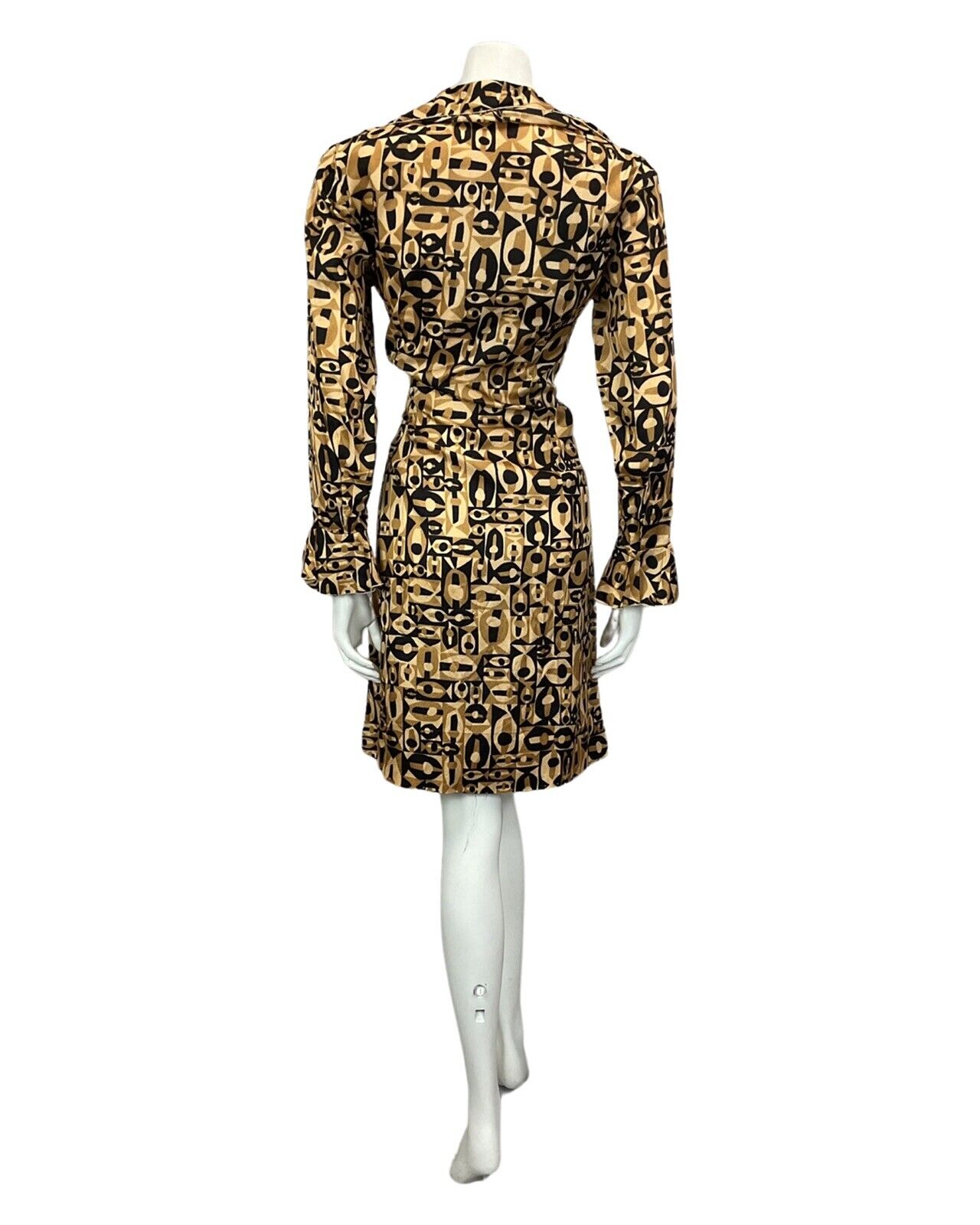 VINTAGE 60s 70s TAN BROWN BLACK PSYCHEDELIC RUFFLE MINI DRESS DRESS 10 12