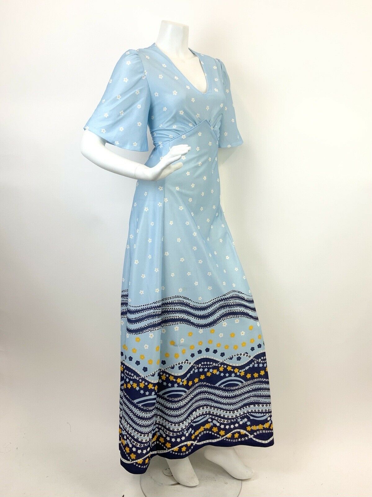 VTG 60s 70s BABY BLUE NAVY WHITE YELLOW WAVY DAISY FLORAL MOD MAXI DRESS 12 14