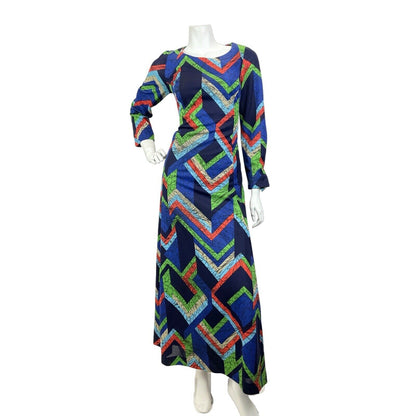 VINTAGE 60s 70s BLUE RED GREEN GEOMETRIC MARBLED OP-ART MOD MAXI DRESS 10