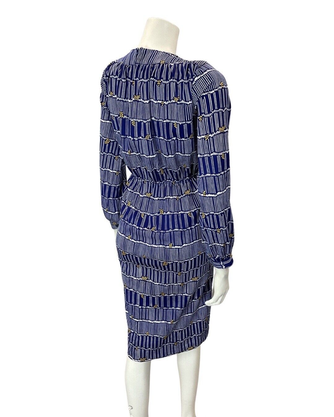 VINTAGE 70s BLUE WHITE STRIPED NEW WAVE MOD LONGSLEEVE BLOUSON DRESS 16