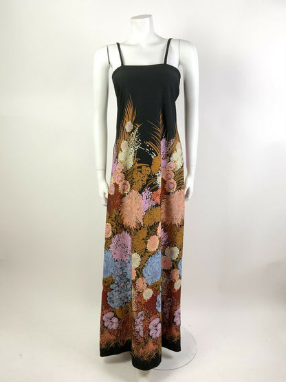 VINTAGE 60s 70s BLACK GOLD PINK BLUE FLORAL LEAFY SPAGHETTI STRAP MAXI DRESS 8