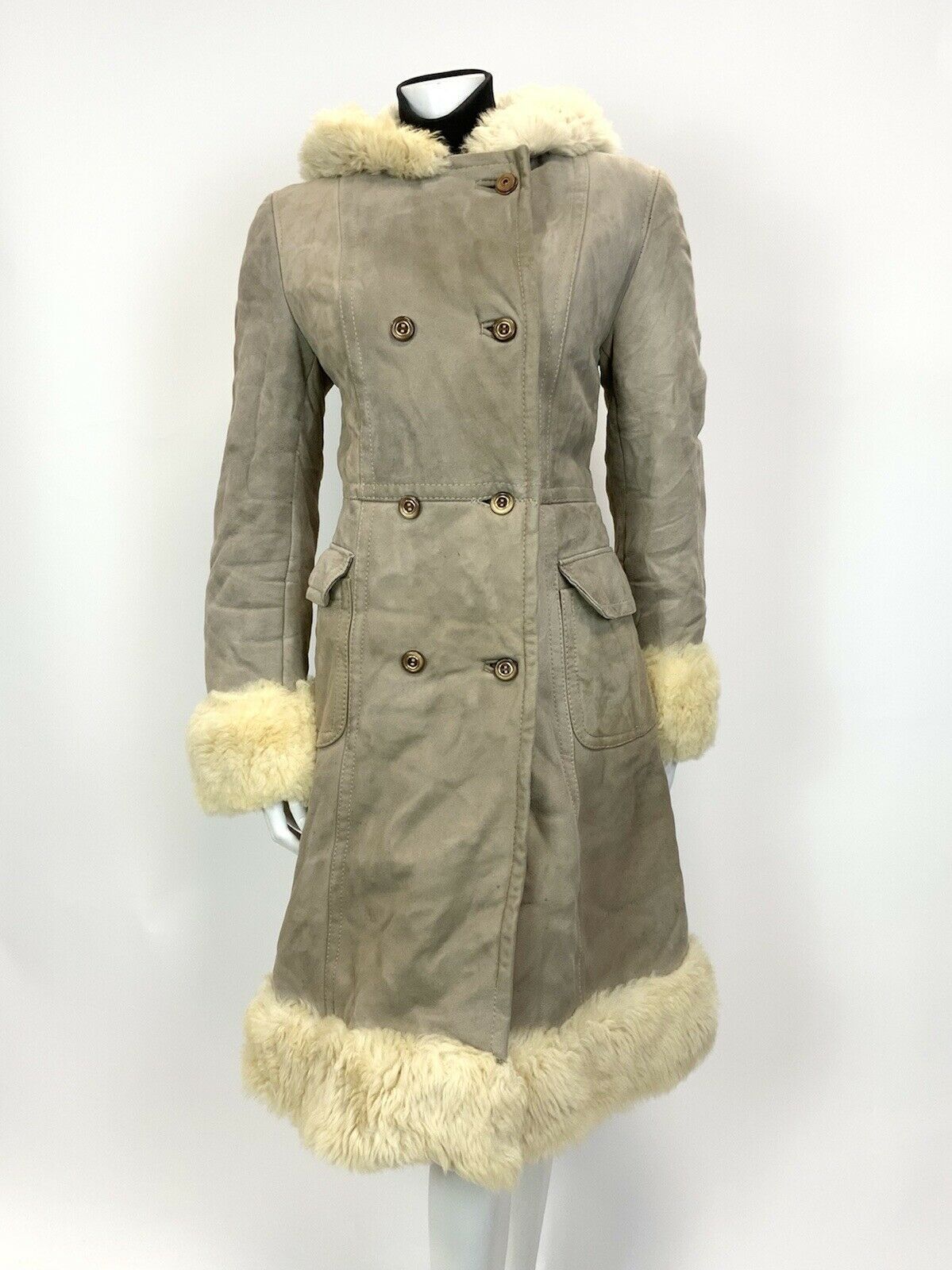 VTG 60s 70s SAND BEIGE CREAM SUEDE SHEARLING DOUBLE-BREASTED MOD HOODED COAT 12