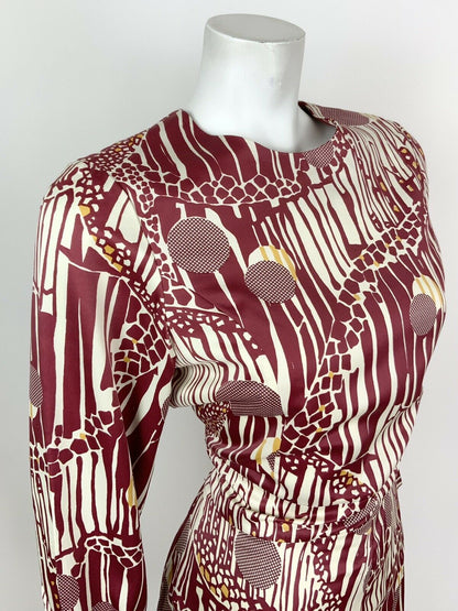 VINTAGE 60s 70s CHERRY RED WHITE GOLD GEOMETRIC PSYCHEDELIC DRESS 12 14