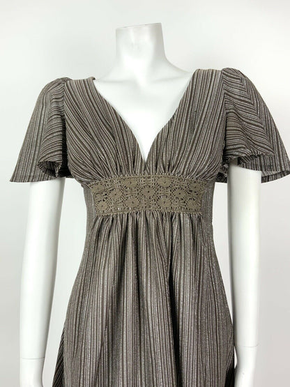 VINTAGE 60s 70s BROWN SILVER STRIPED CROCHETED CAPE SLEEVE SWING DRESS 6 8