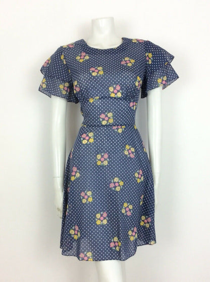 VINTAGE 60s 70s TEA DRESS POLKA DOT FLORAL RUFFLE BLUE WHITE PINK YELLOW 12