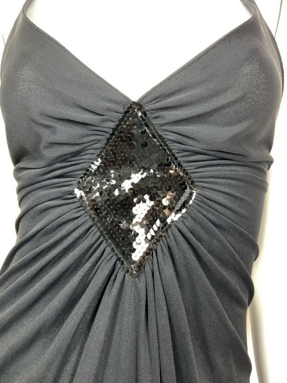 VINTAGE 60s 70s BLACK SEQUIN STRAPPY DISCO GLAM MAXI DRESS 12 14