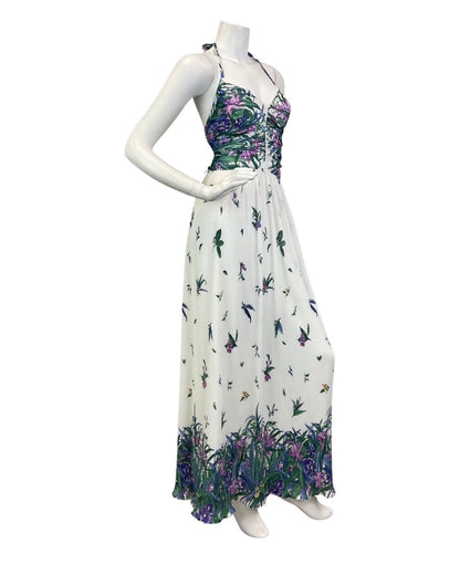 VINTAGE 60s 70s WHITE BLUE PURPLE PLEATED FLORAL SUMMER HALTER MAXI DRESS 10