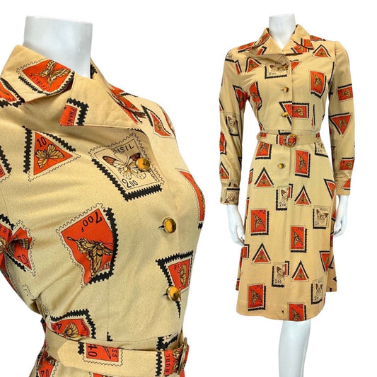 VINTAGE 70s 90s GOLD RED POSTAGE STAMP BUTTERFLY MOD BELTED SHIRT DRESS 8 10