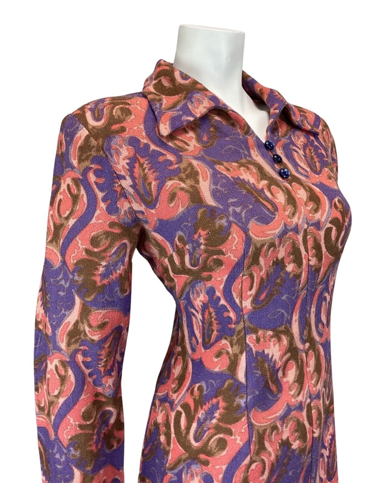 VINTAGE 60s 70s PURPLE PINK BROWN PSYCHEDELIC SWIRL MOD SHIRT DRESS 12 14