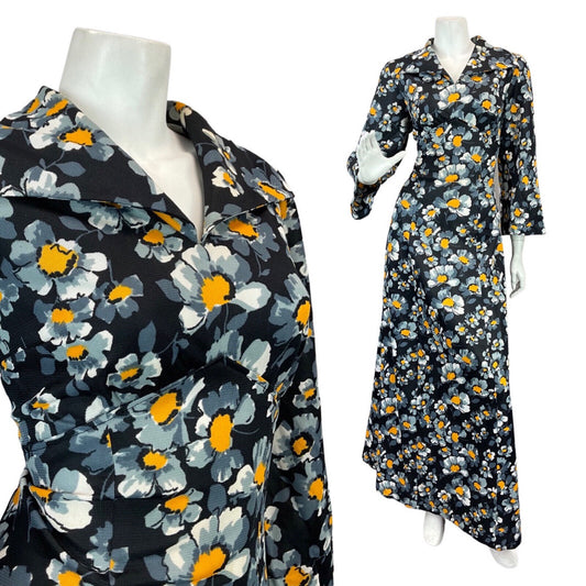 VINTAGE 60s 70s BLACK GREY YELLOW FLORAL PSYCHEDELIC MOD SHIRT MAXI DRESS 12