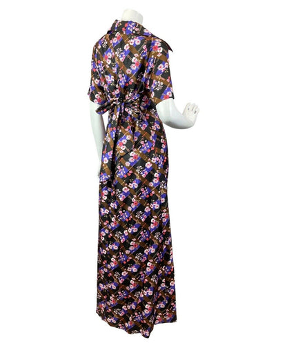 VTG 60s 70s BROWN PURPLE BLACK CHECKED FLORAL DAISY DAGGER SHIRT MAXI DRESS 12