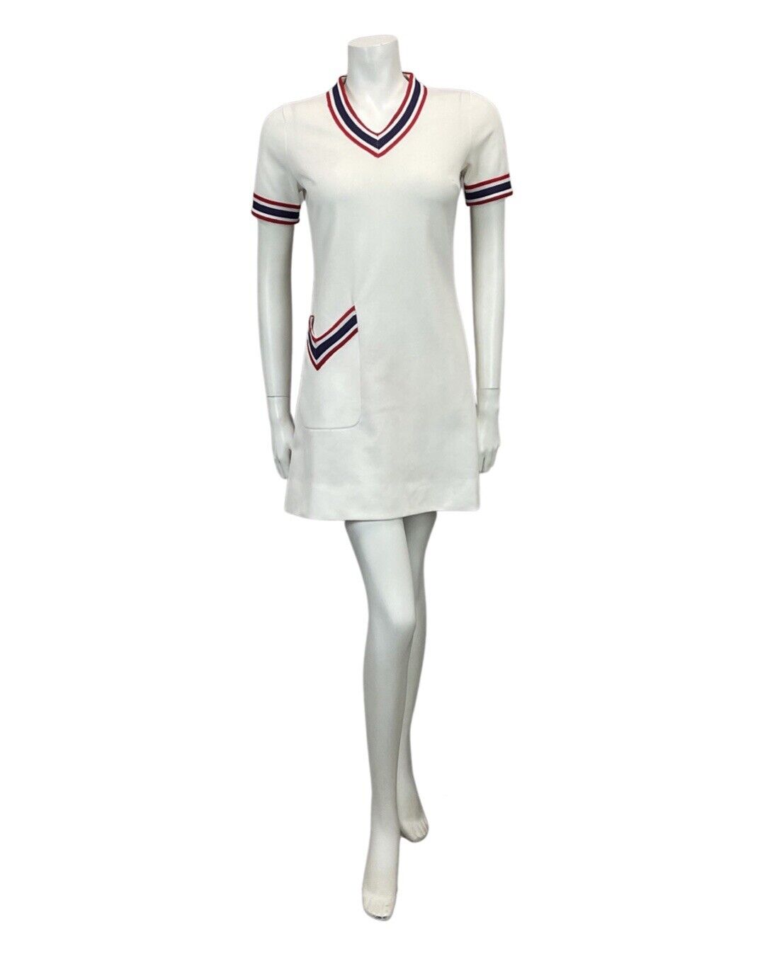 VINTAGE 60s 70s WHITE NAVY RED MINI TENNIS MOD PREPPY DRESS 10