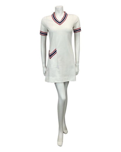 VINTAGE 60s 70s WHITE NAVY RED MINI TENNIS MOD PREPPY DRESS 10