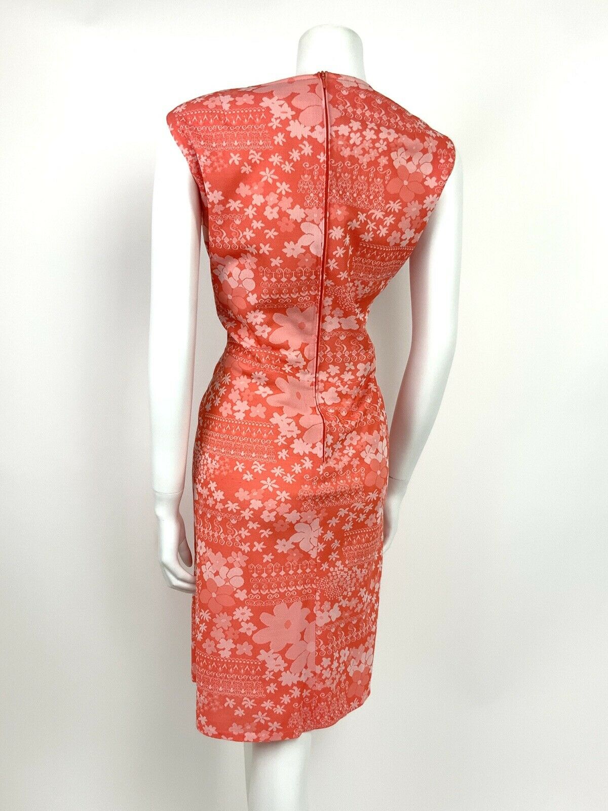 VTG 60s 70s ABSTRACT FLORAL CORAL ORANGE PINK WHITE A-LINE DRESS 16 18