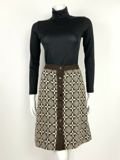 VINTAGE 60s 70s BROWN WHITE GEOMETRIC ABSTRACT MIDI A-LINE SKIRT 8 10