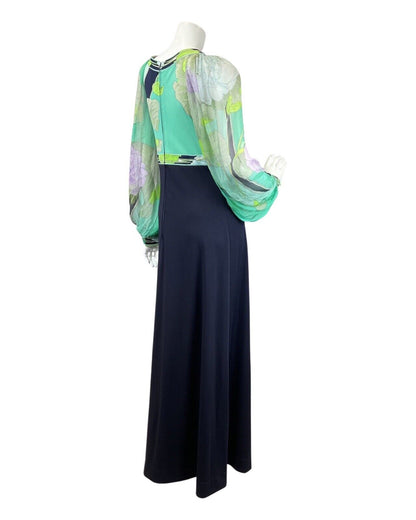 VINTAGE 60s 70s BLACK GREEN LILAC FLORAL SHEER SILK LEONARD MAXI DRESS 8 10