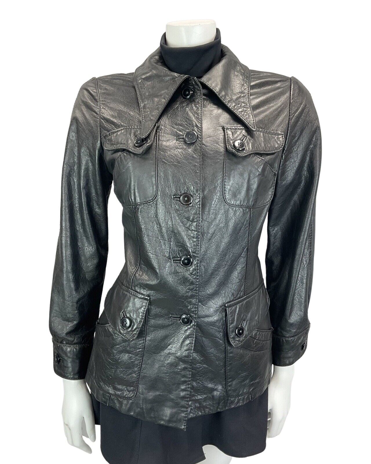 VINTAGE 60s 70s BETTY BARCLAY BLACK LEATHER DAGGAR COLLAR LEATHER MOD JACKET 8