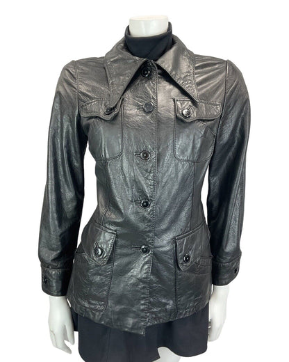 VINTAGE 60s 70s BETTY BARCLAY BLACK LEATHER DAGGAR COLLAR LEATHER MOD JACKET 8