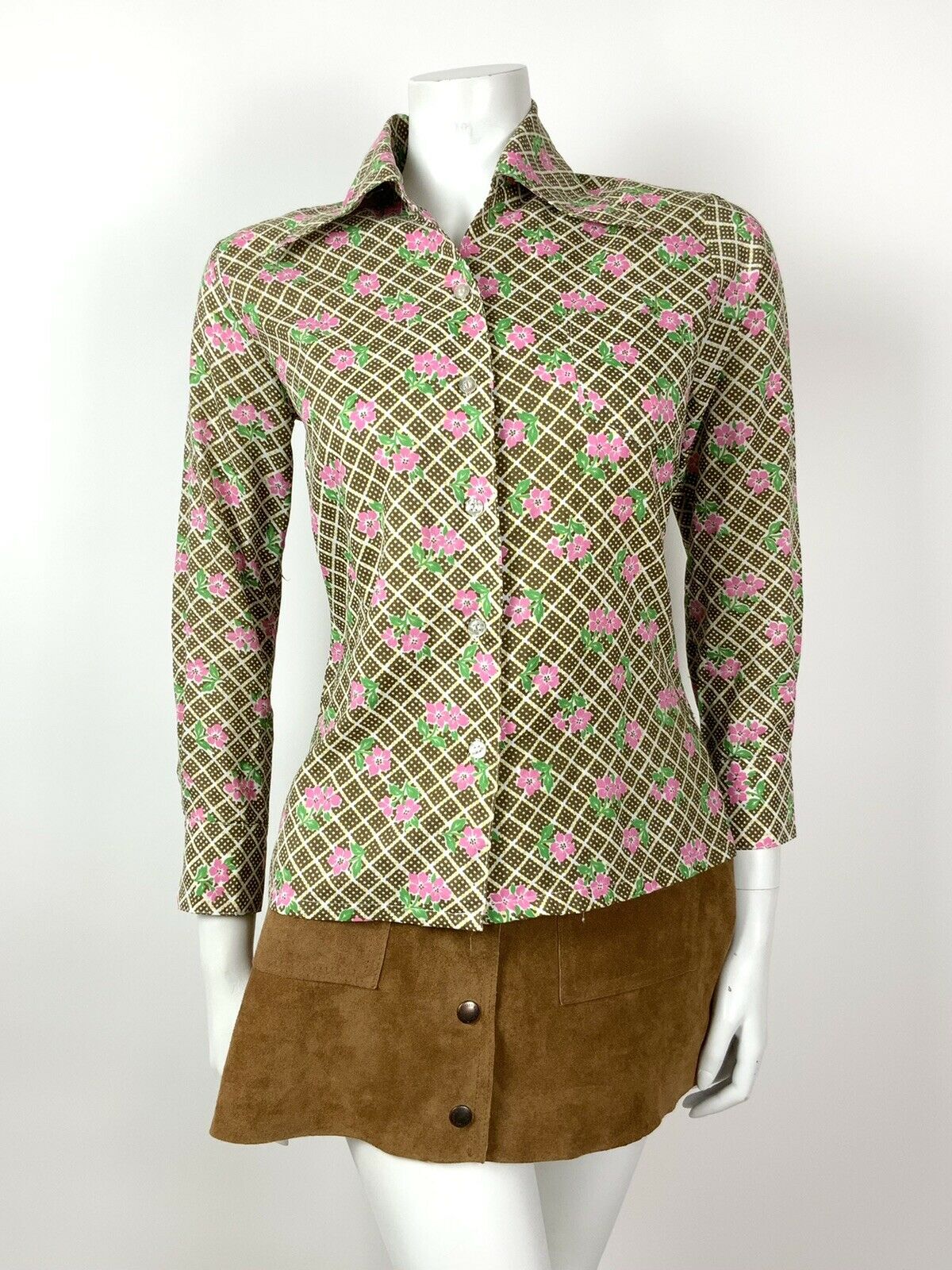 VINTAGE 60s 70s BROWN WHITE PINK CHECKED SQUARE FLORAL DAGGER SHIRT 10 12